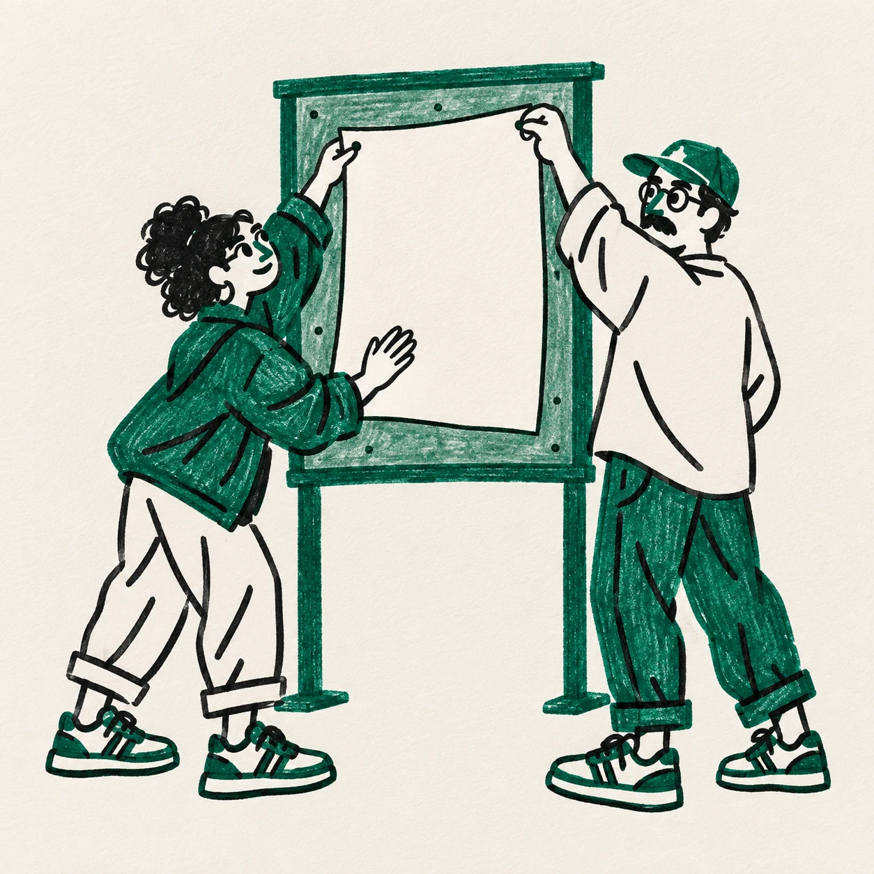 Illustrazione: due persone appendono insieme un foglio bianco su una bacheca verde