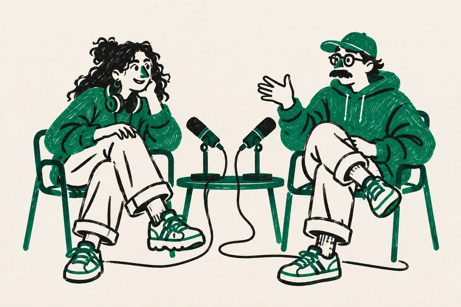 Illustrazione: due giovani seduti su sedie verdi conversano davanti a due microfoni su un tavolino
